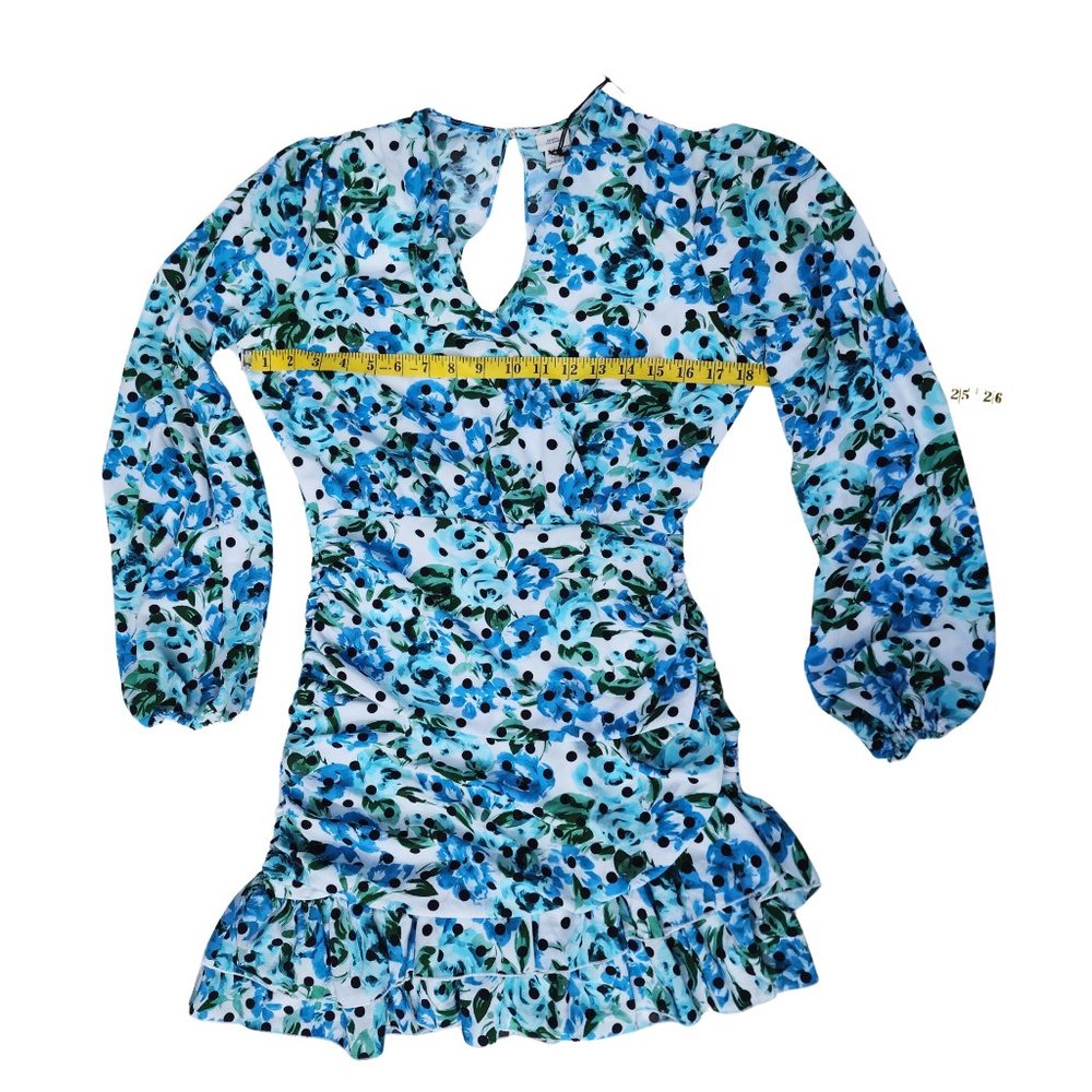 Romantic Blue Floral Polka Dot Ruched Ruffle Mini Dress Open Back US 4 - Picture 8 of 10